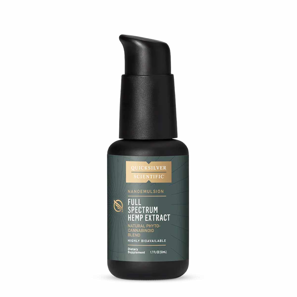 Black pump bottle with teal label containing Full Spectrum Hemp Extract CBD Nanoemulsioned liquid, 1.7 fl oz.