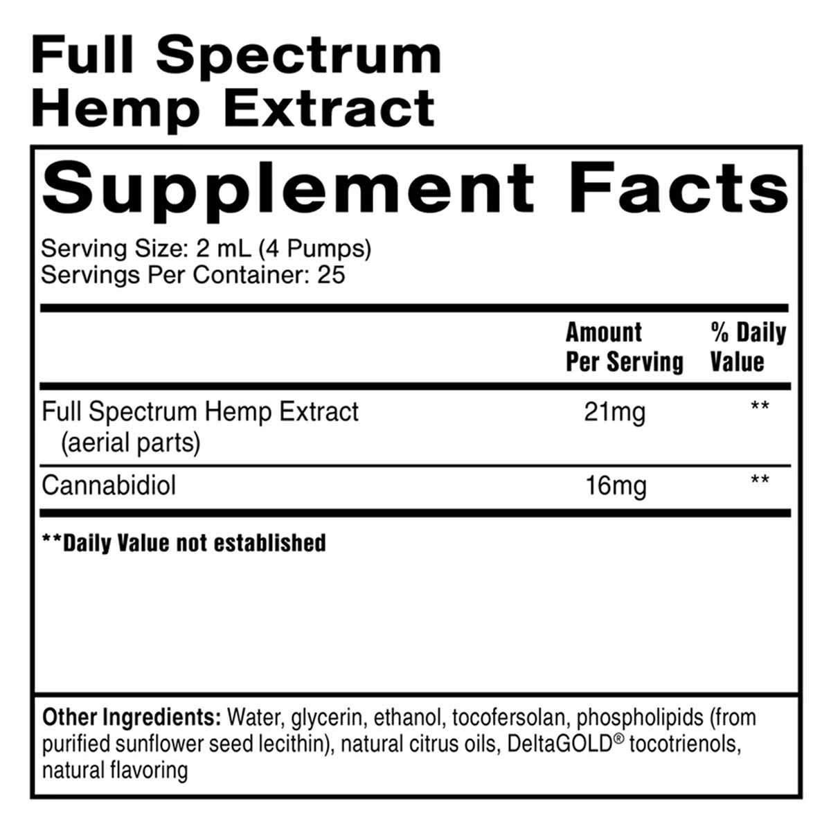 Supplement Facts label for Full Spectrum Hemp Extract showing serving size, ingredient amounts, and other ingredients.