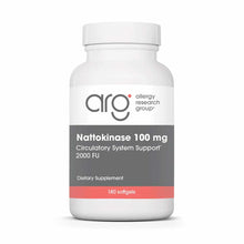 White bottle of Nattokinase 100 mg dietary supplement by Allergy Research Group containing 180 softgels.