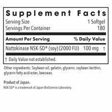 Supplement Facts label showing Nattokinase NSK-SD 100 mg per softgel, 180 servings per container, with ingredient list.
