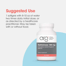 White plastic bottle of Nattokinase 100 mg by Allergy Research Group dietary supplement containing 180 softgels.
