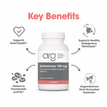 White bottle of Nattokinase 100 mg by Allergy Research Group containing 180 softgels with gray and coral label.