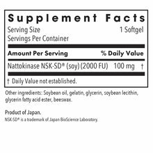 Supplement Facts label showing Nattokinase NSK-SD 100 mg per softgel serving with ingredient list.