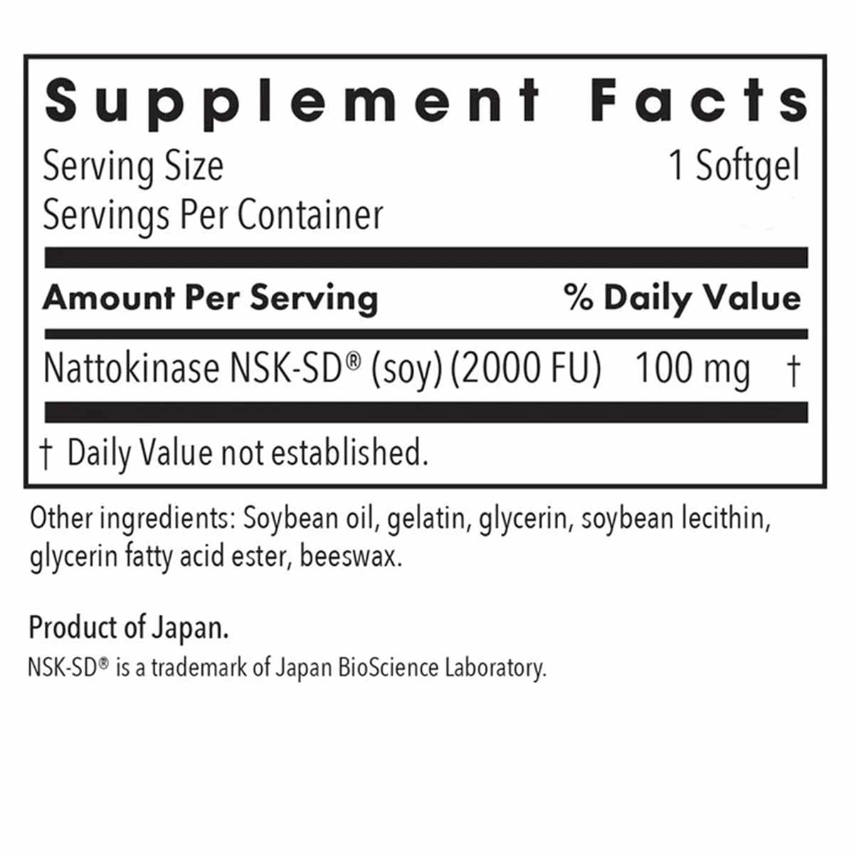 Supplement Facts label showing Nattokinase NSK-SD 100 mg per softgel serving with ingredient list.