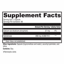 Supplement facts label for Nattokinase 4000 capsules showing 200 mg nattokinase per serving and 60 servings per container.