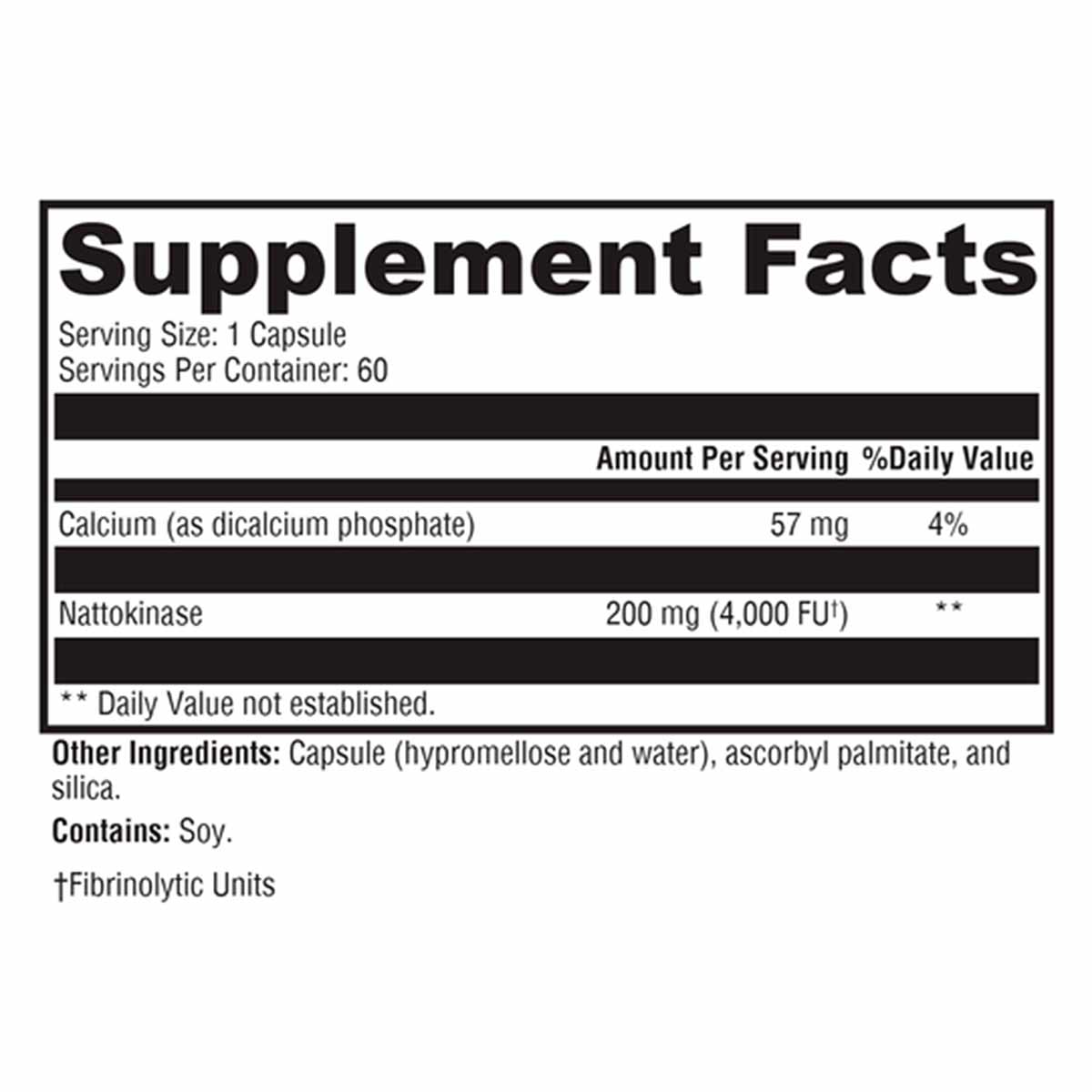 Supplement facts label for Nattokinase 4000 capsules showing 200 mg nattokinase per serving and 60 servings per container.