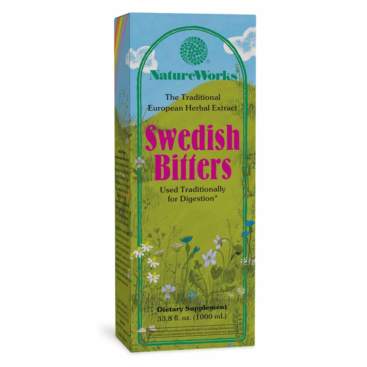 NatureWorks Swedish Bitters bottle with green and blue label featuring wildflowers and text describing herbal extract supplem