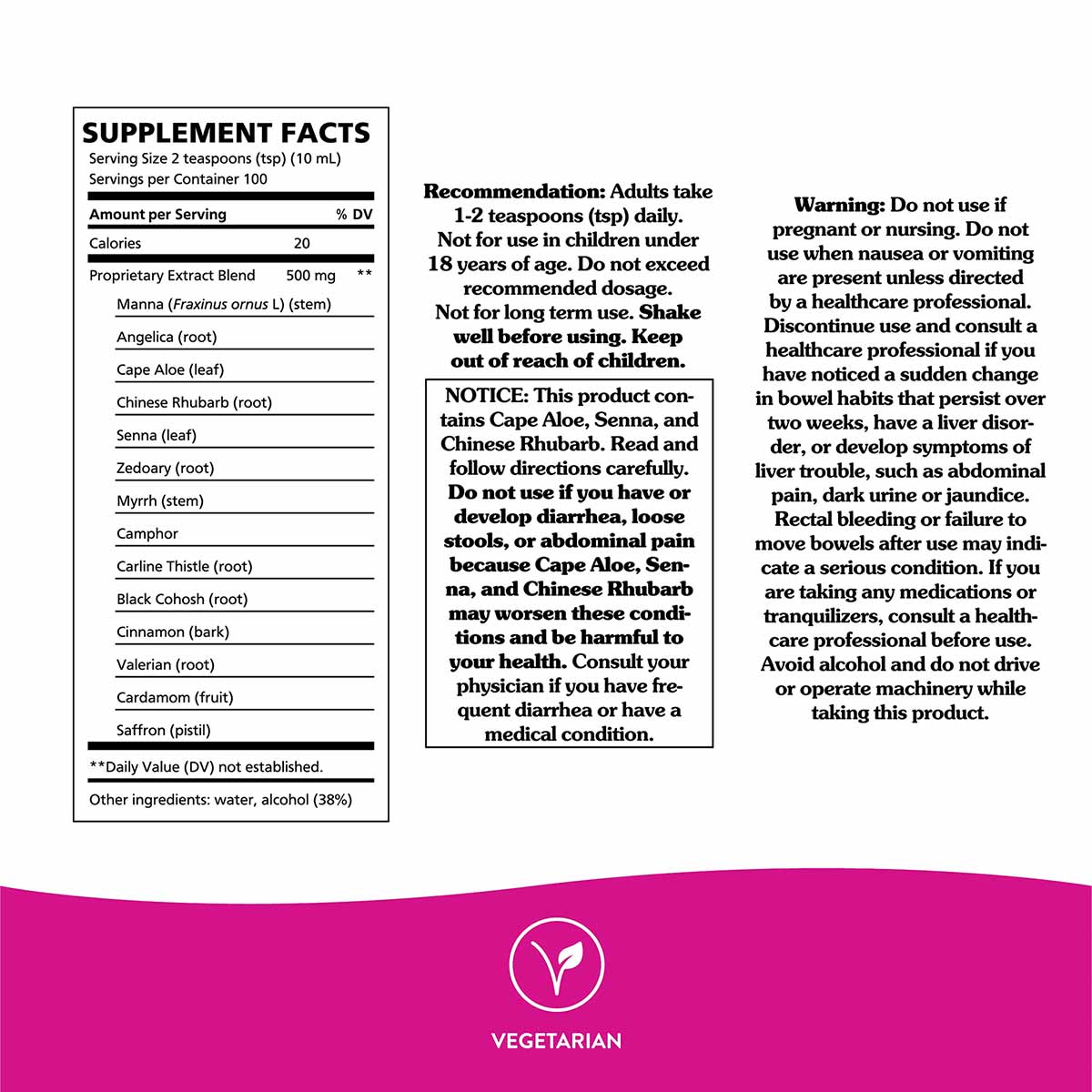 Supplement facts label for NatureWorks Swedish Bitters showing ingredients, dosage recommendations, warnings, and vegetarian 