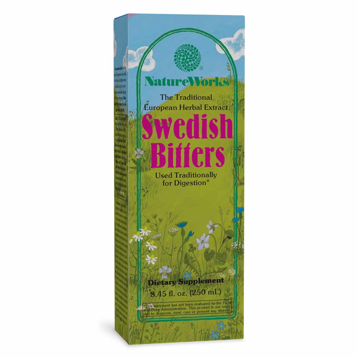 NatureWorks Swedish Bitters bottle with green and blue label featuring wildflower illustrations, 8.45 fl oz.
