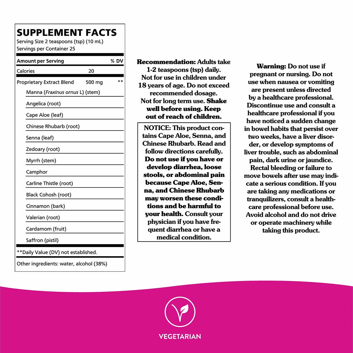Supplement facts label for NatureWorks Swedish Bitters showing ingredients, dosage recommendations, warnings, and vegetarian 
