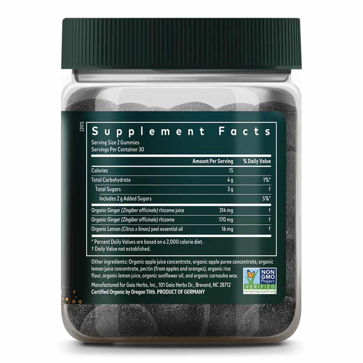 Bottle of Gaia Herbs Nausea Gummies with dark ginger-colored gummies visible inside and green cap with supplement facts label