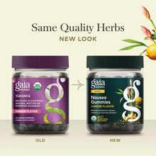Gaia Herbs Nausea Gummies with ginger flavor in new dark green packaging, 60 count vegan herbal supplement bottle.