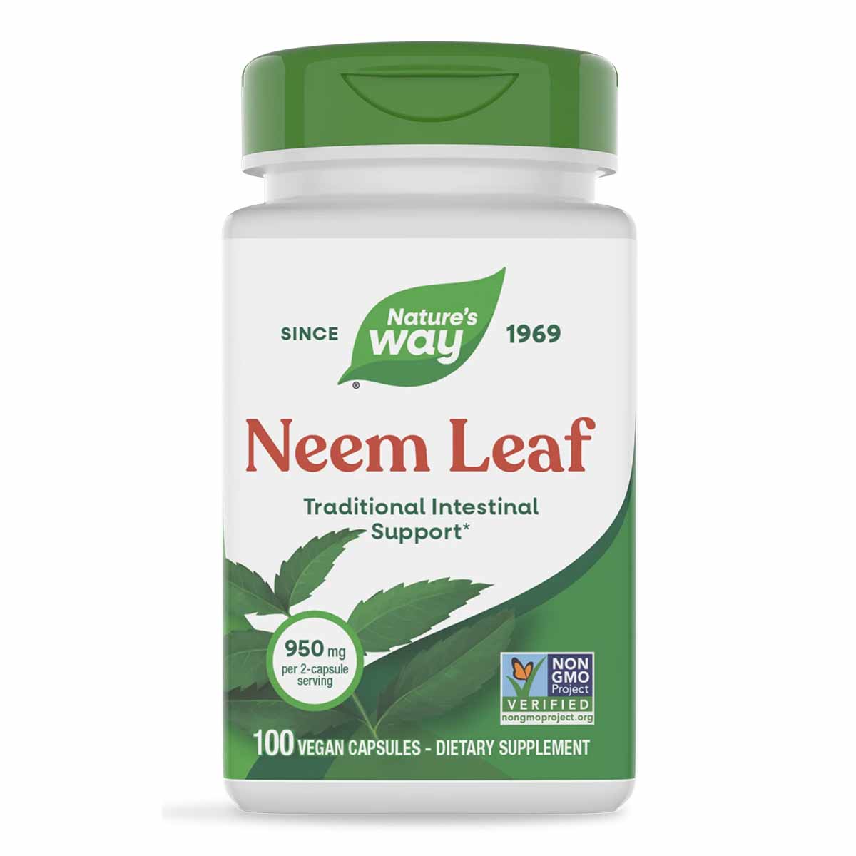 Nature's Way Neem Leaf dietary supplement bottle with green cap containing 100 vegan capsules.