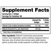 Supplement Facts label for NeoQ10 softgels showing 90 servings per container with Coenzyme Q10 and Vitamin E ingredients.