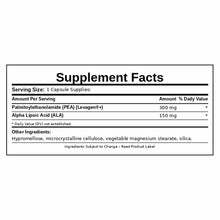 Supplement Facts label for Nerve Eze capsules showing serving size, active ingredients including Palmitoylethanolamide and Al