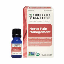 Blue glass bottle with black cap and red/cream cardboard box labeled "Nerve Pain Management" by Forces of Nature, 11 ml size.