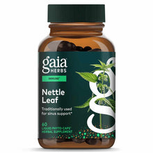 Amber glass bottle of Gaia Herbs Nettle Leaf supplement with green cap and dark liquid phyto-caps inside.