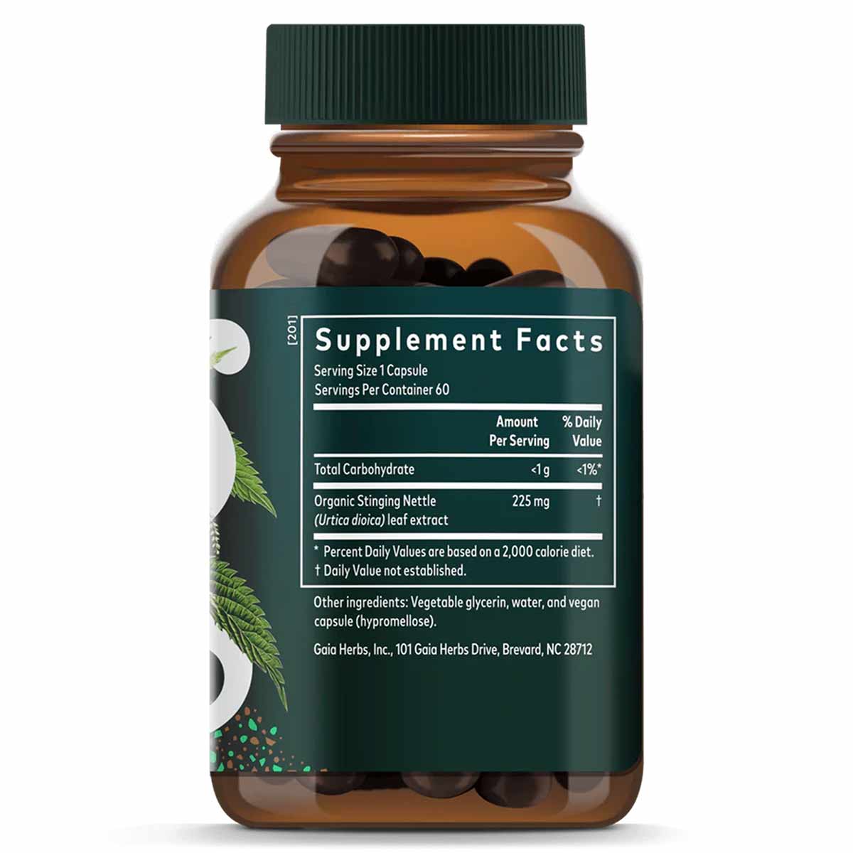 Amber glass bottle with green cap containing dark capsules, green label with supplement facts and nettle leaf illustration.
