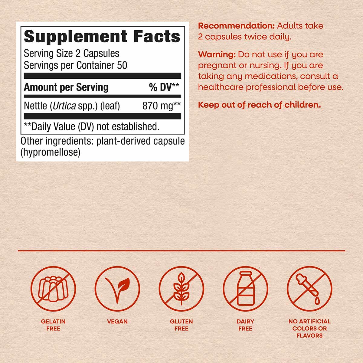 Supplement Facts label for Nettle Leaf capsules showing 870 mg per serving with vegan, gluten-free, and dairy-free certificat