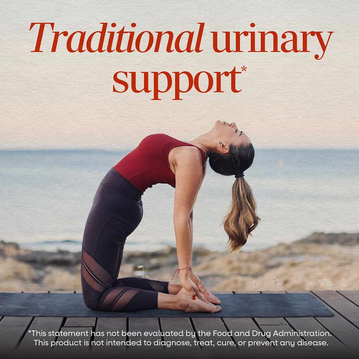 Bottle of Nature's Way Nettle Leaf supplement with red text stating "Traditional urinary support" and woman in yoga pose on b