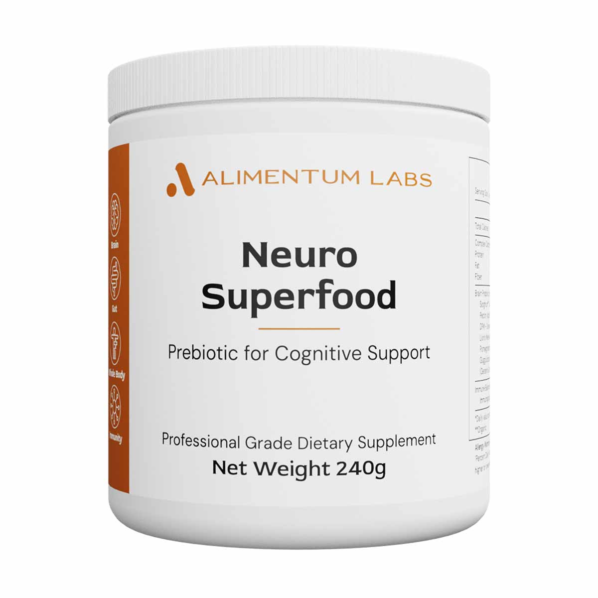 White container of Alimentum Labs Neuro Superfood dietary supplement powder, 240 grams, with orange and black text on label.