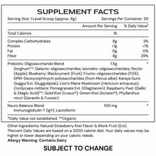 Supplement Facts label for Neuro Superfood powder showing serving size, nutritional content, and ingredient blend details.