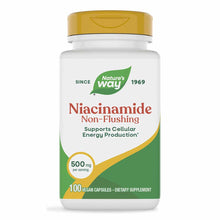 White supplement bottle with gold cap labeled "Nature's Way Niacinamide Non-Flushing 500 mg, 100 vegan capsules."
