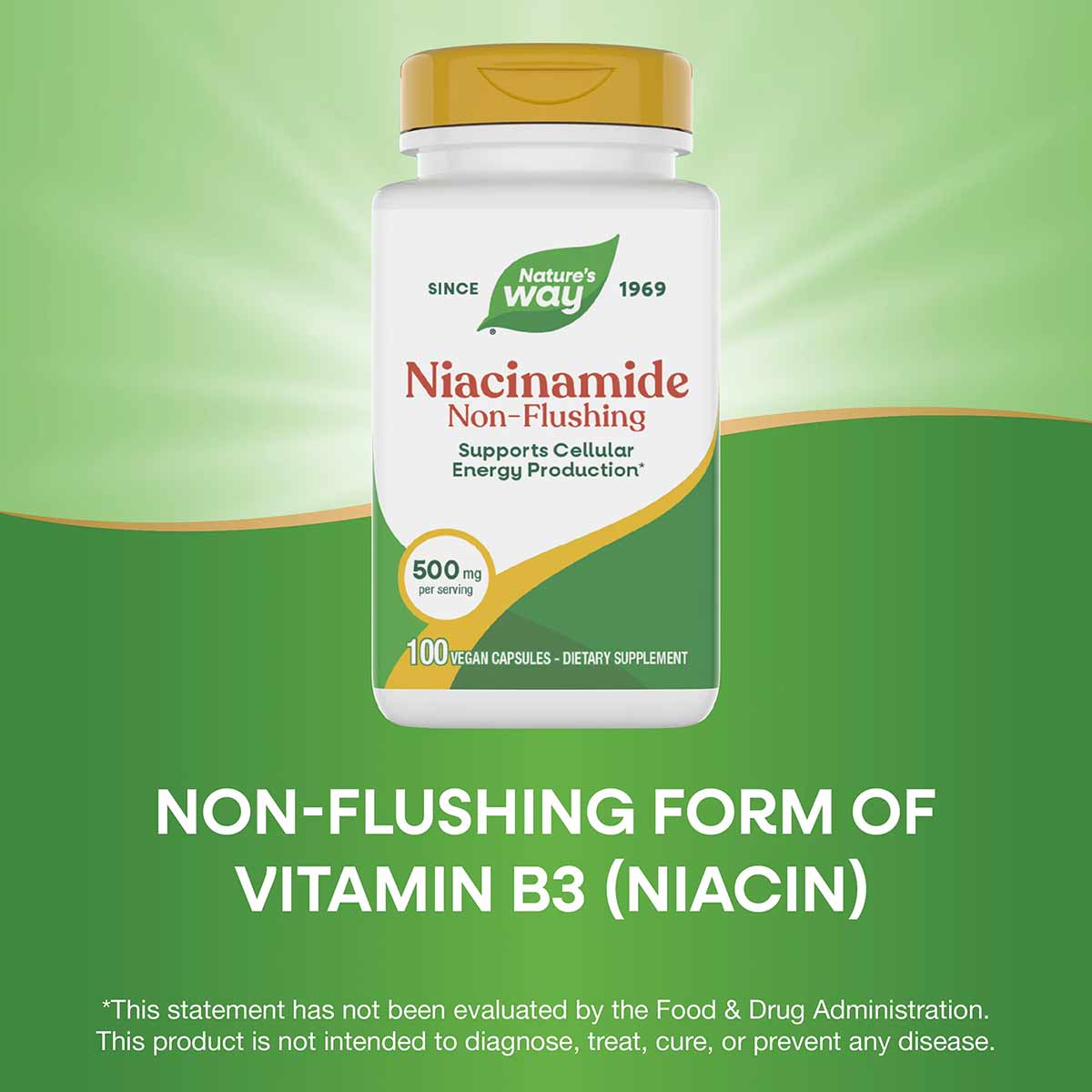 White and green supplement bottle with gold cap labeled "Niacinamide Non-Flushing 500 mg, 100 vegan capsules" by Nature's Way