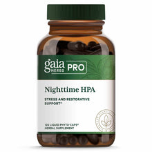 Amber glass bottle with green cap containing dark liquid phyto-caps, labeled Gaia Herbs Pro Nighttime HPA herbal supplement.