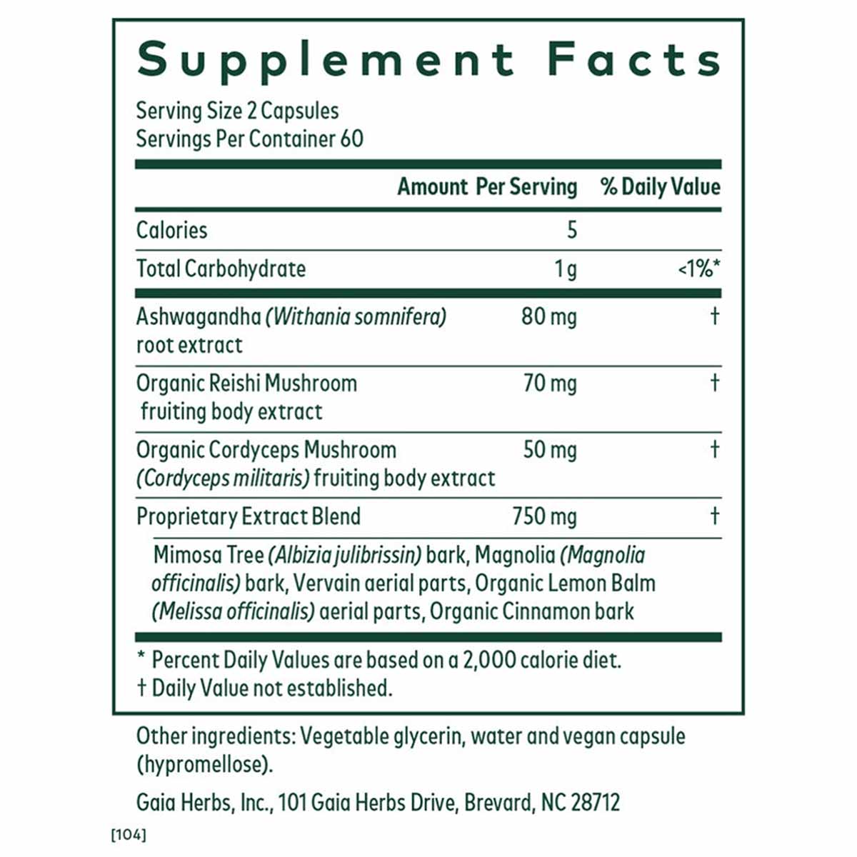 Supplement Facts label for Gaia Herbs Pro Nighttime HPA showing serving size, nutritional information, and herbal ingredient 
