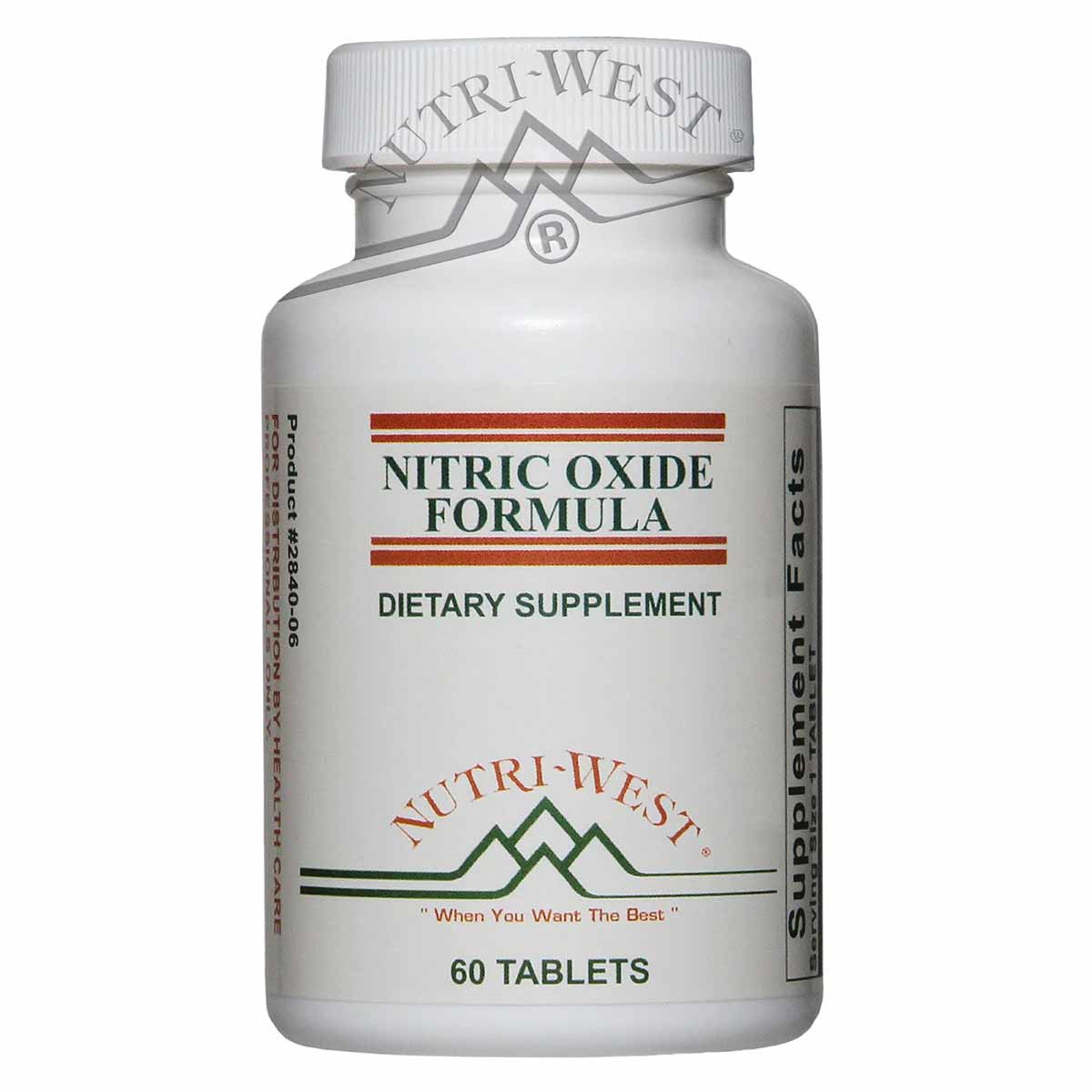 White Nutri-West bottle labeled "Nitric Oxide Formula" dietary supplement containing 60 tablets.