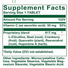 Supplement Facts label for Nitric Oxide Formula tablet containing Vitamin C, L-Citrulline, Beet root, Cranberry, Quercetin, R