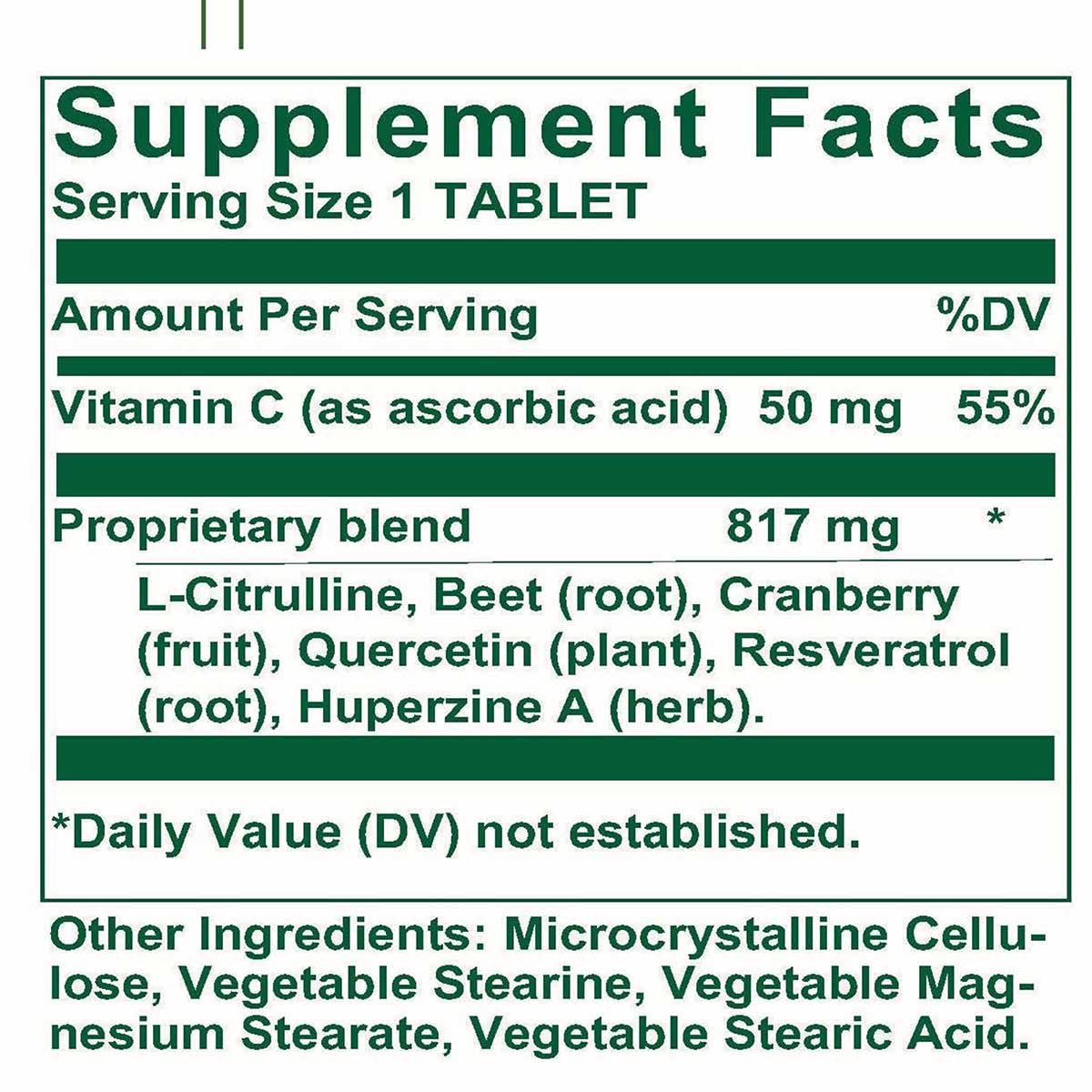 Supplement Facts label for Nitric Oxide Formula tablet containing Vitamin C, L-Citrulline, Beet root, Cranberry, Quercetin, R