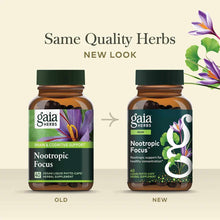 Two brown glass bottles of Gaia Herbs Nootropic Focus supplement showing old and new label designs with green caps.