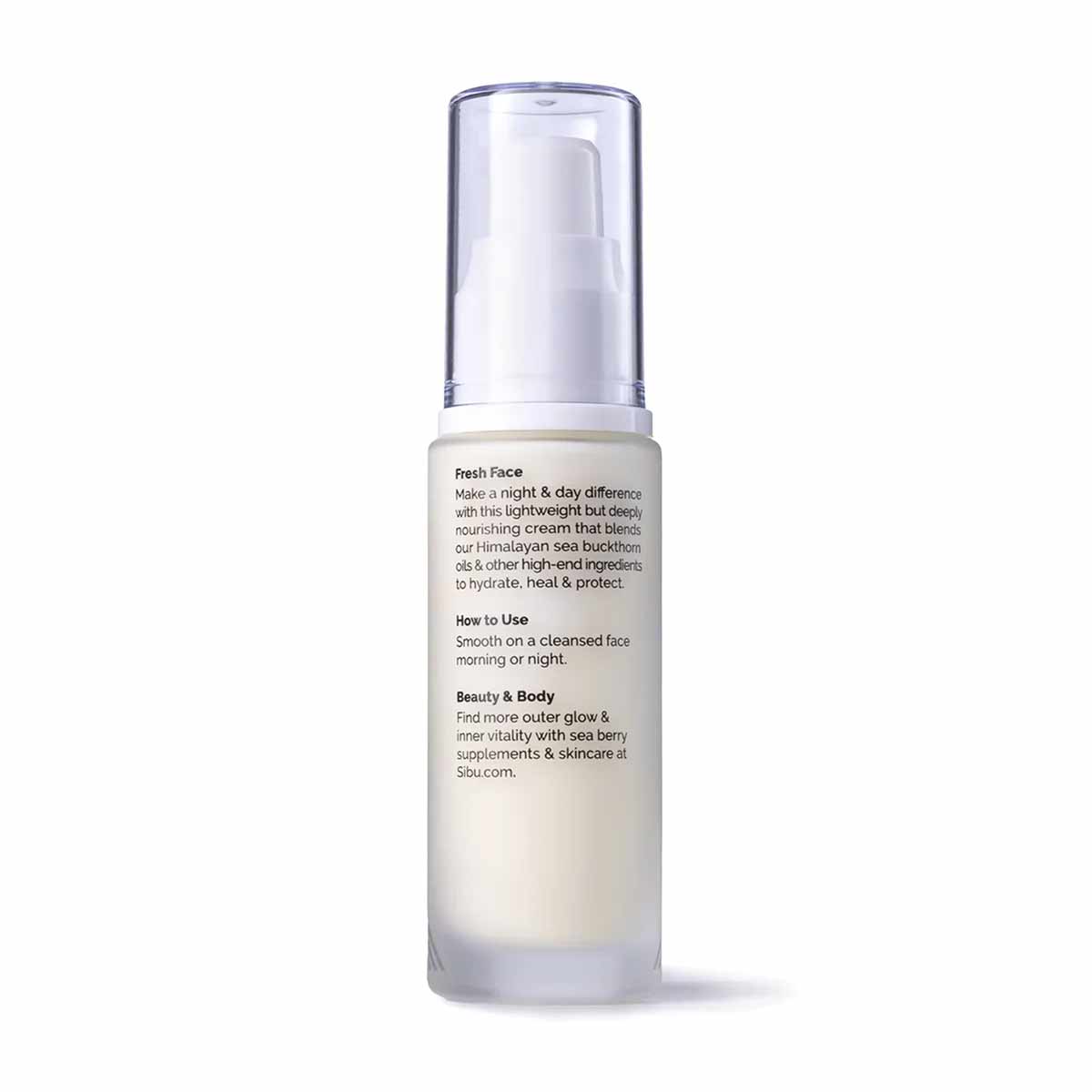 Clear plastic bottle with white pump dispenser containing pale cream-colored facial moisturizer with product information labe