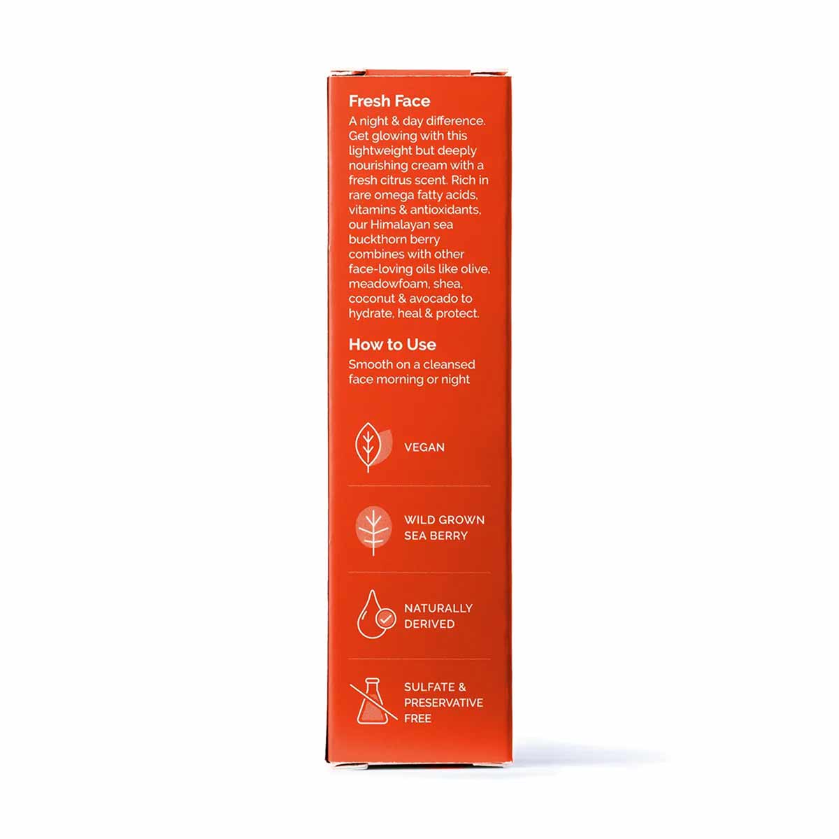 Orange rectangular box for Sibu Beauty Fresh Face cream with white text describing product features and usage instructions.