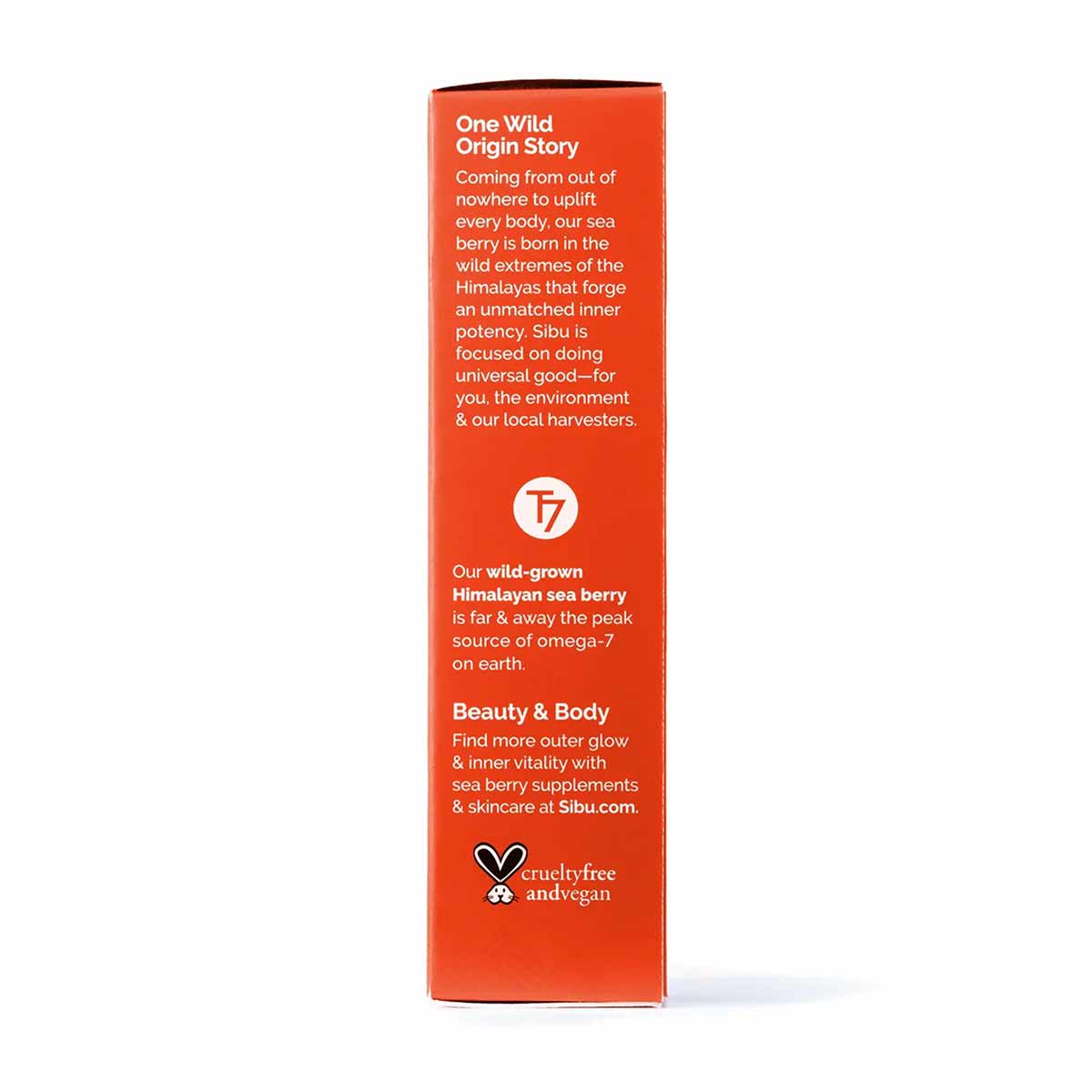 Orange Sibu Beauty face cream box with white text describing sea berry origin story and cruelty-free vegan certification.