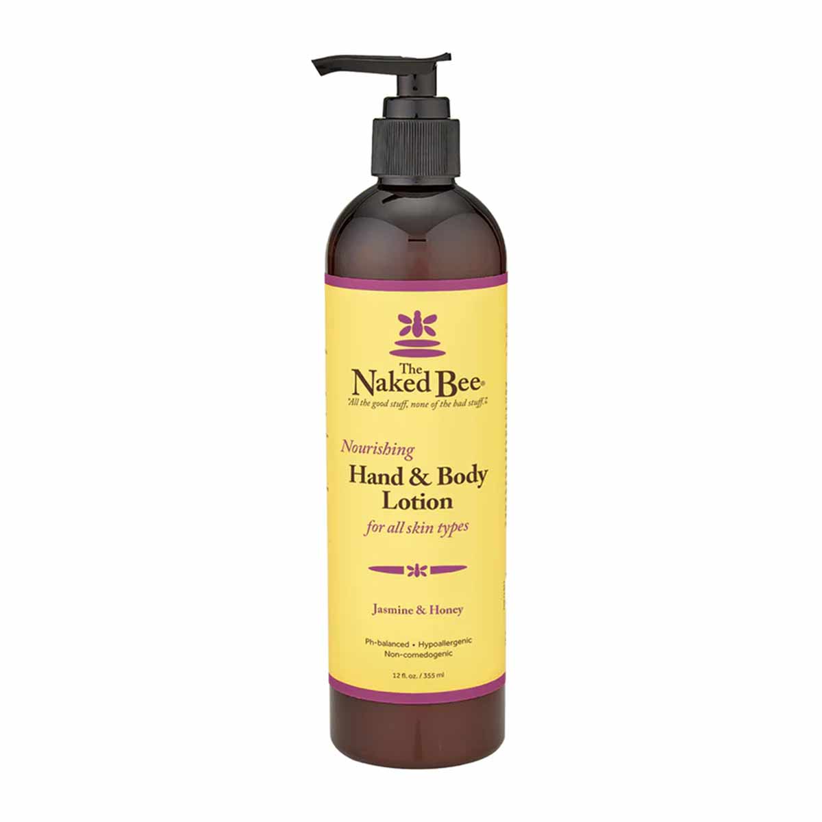 Naked Bee hand and body lotion in yellow bottle with pump dispenser, 12 fl oz size.