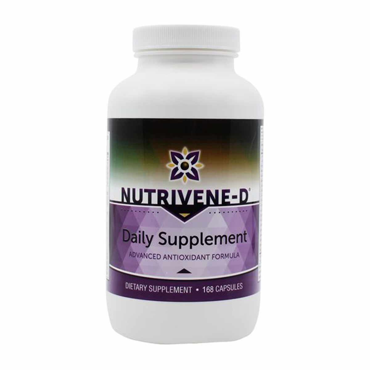 White plastic bottle with purple and black label reading "Nutrivene-D Daily Supplement Advanced Antioxidant Formula, 168 Caps