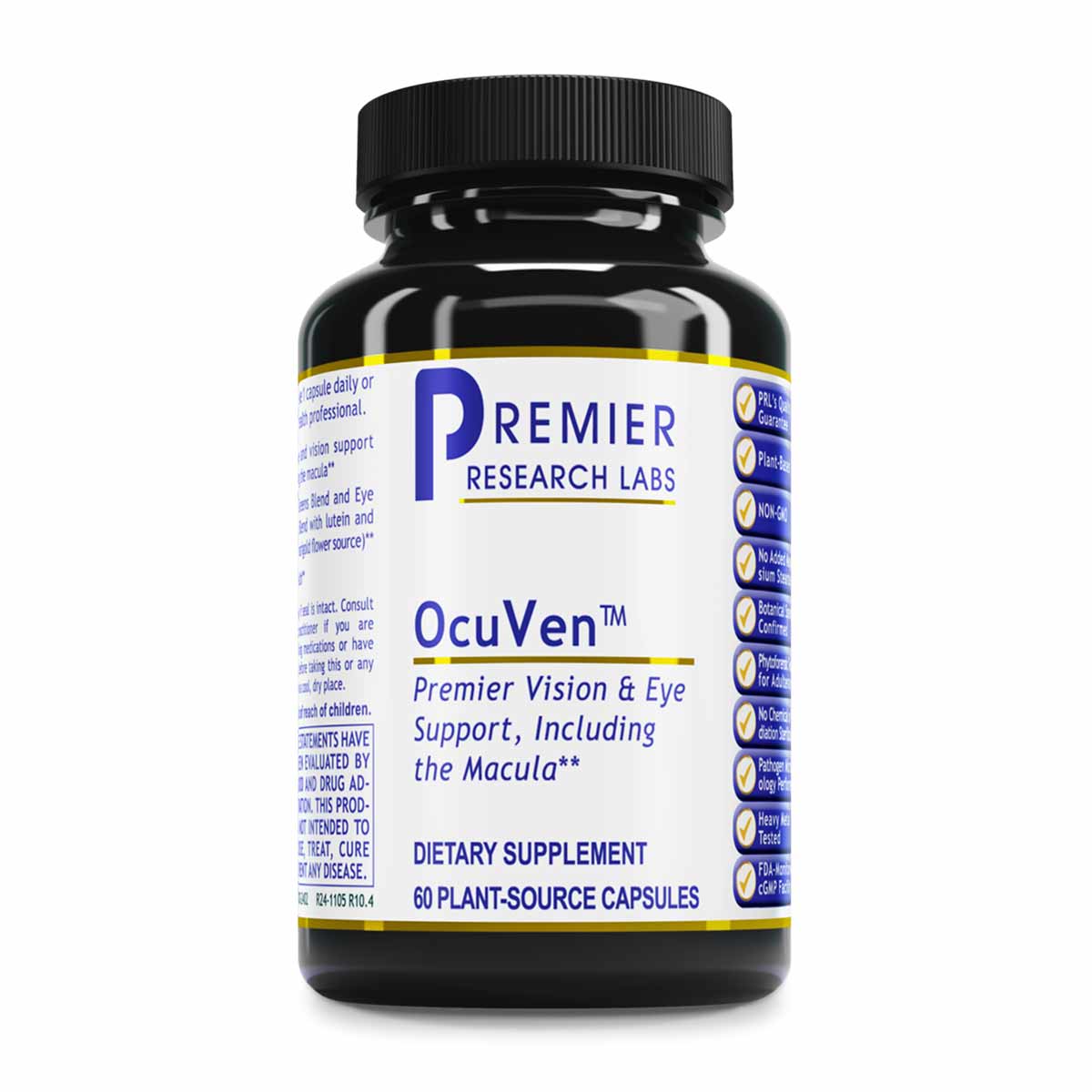 Black bottle with white and blue label reading "OcuVen Premier Vision & Eye Support" by Premier Research Labs, containing 60 