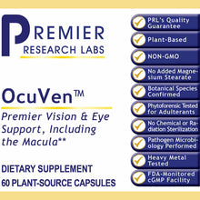 OcuVen dietary supplement bottle label by Premier Research Labs showing 60 plant-source capsules with quality certifications.