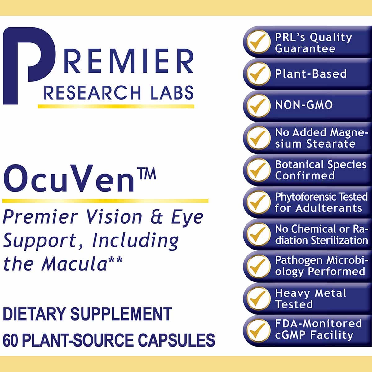 OcuVen dietary supplement bottle label by Premier Research Labs showing 60 plant-source capsules with quality certifications.