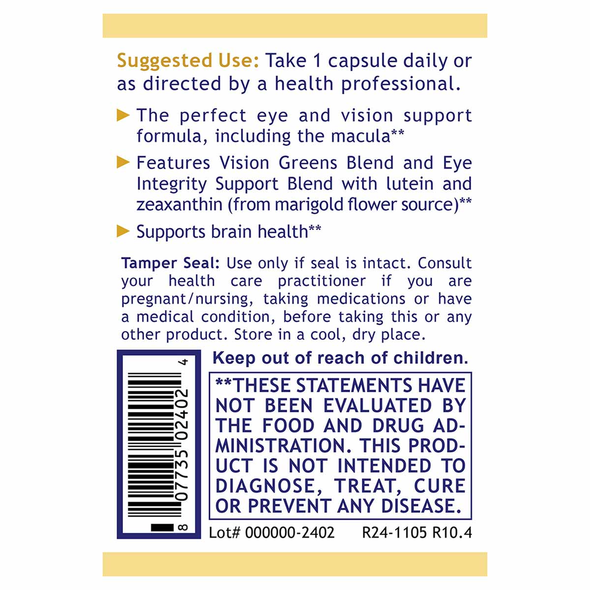 Product label for OcuVen Vision and Eye Support supplement showing suggested use, ingredient information, and FDA disclaimer 