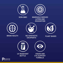 Seven circular icons on dark blue background displaying product features: non-GMO, marigold-derived lutein and zeaxanthin, br