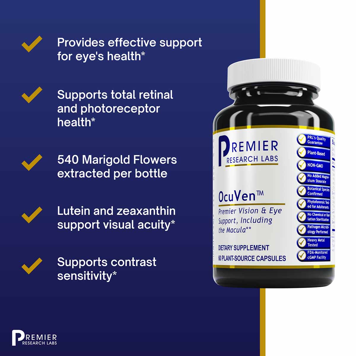 OcuVen dark glass bottle with white cap labeled "Premier Research Labs" containing 60 plant-source capsules for eye support.