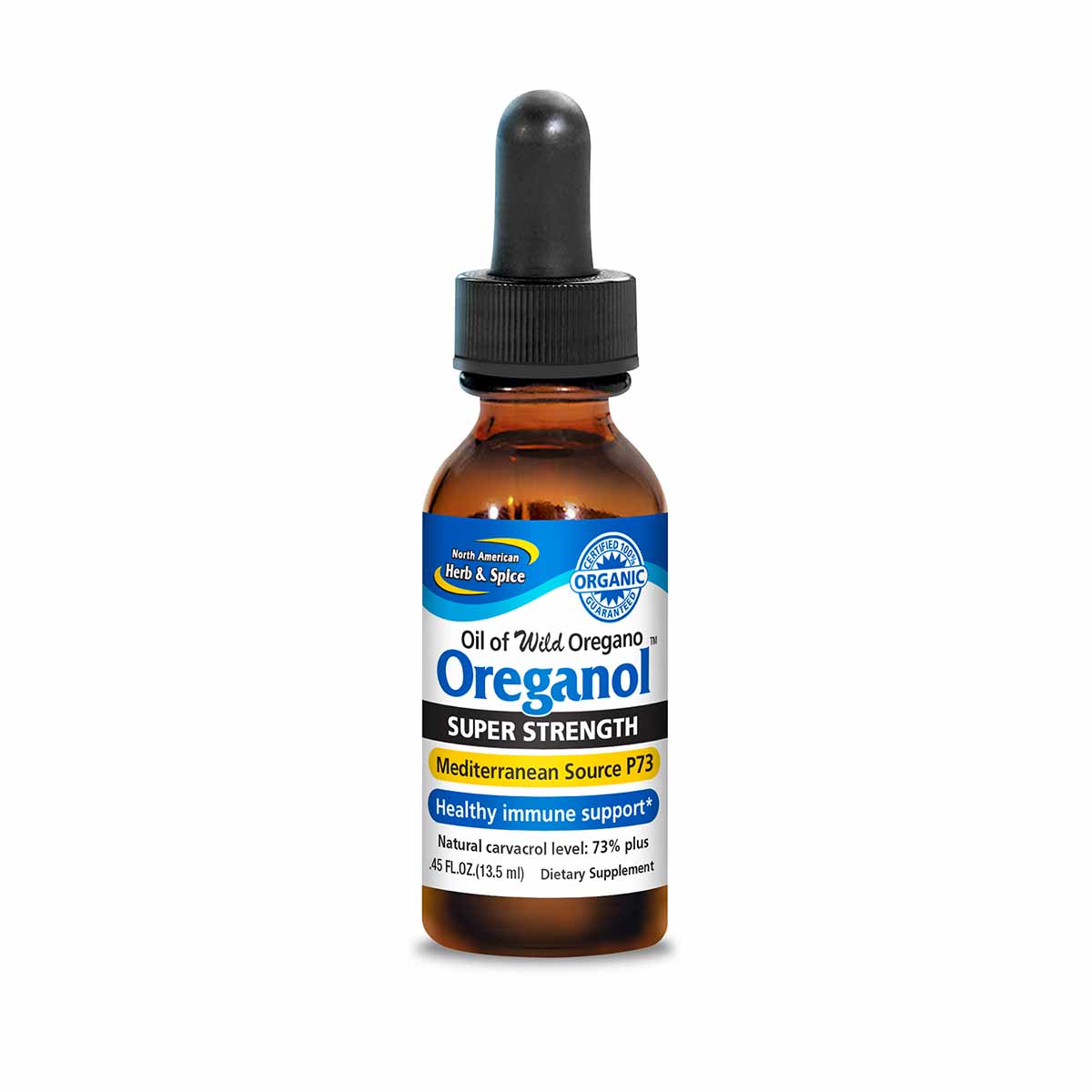 Brown glass dropper bottle of Oreganol wild oregano oil with black cap and blue, white, and yellow label.
