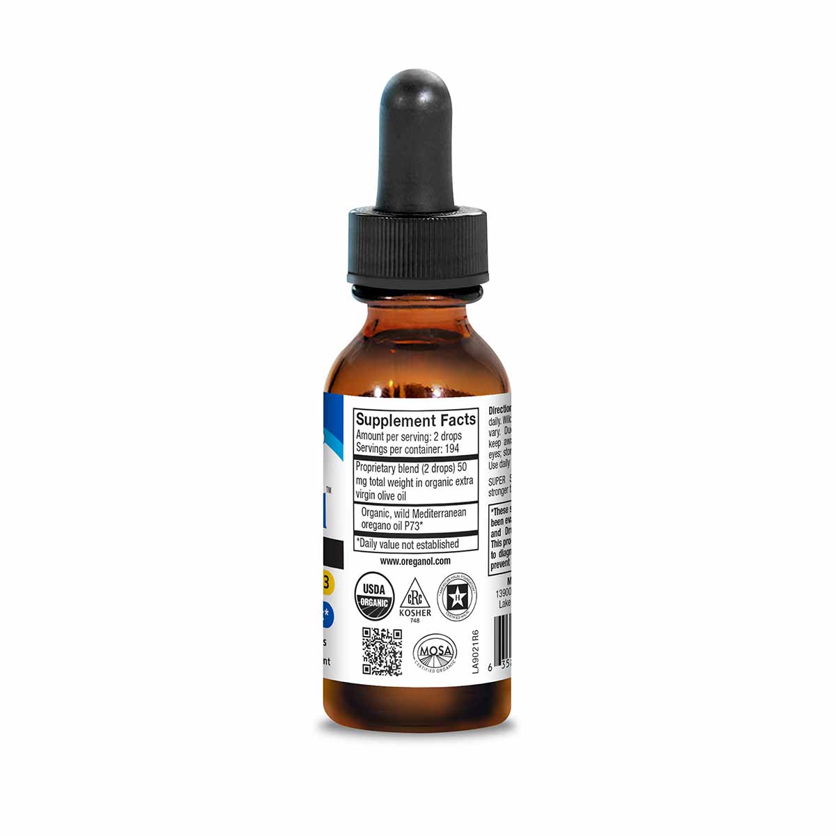 Amber glass bottle with black dropper cap and label showing supplement facts for wild oregano oil liquid.