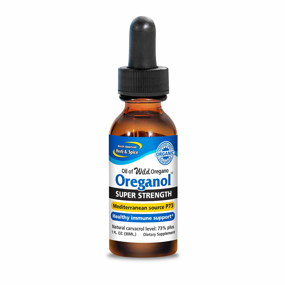 Amber glass dropper bottle of wild oregano oil with blue and white label, black cap, 1 fl oz size.