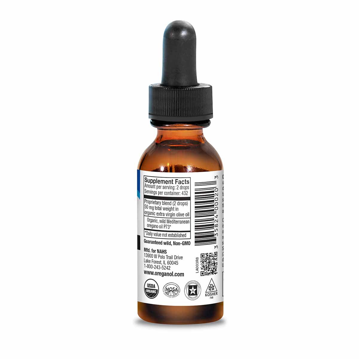 Amber glass bottle with black dropper cap and white label containing oregano oil supplement liquid.