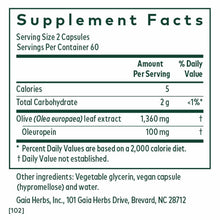 Supplement Facts label for Olive Leaf 1360 by Gaia Herbs Pro showing serving size, ingredients, and nutritional information.